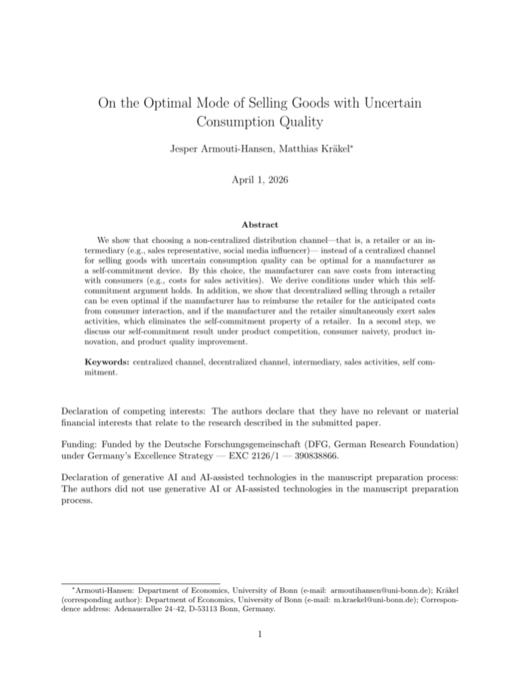 First page of “On the Optimal Mode of Selling Goods with Uncertain Consumption Quality”
